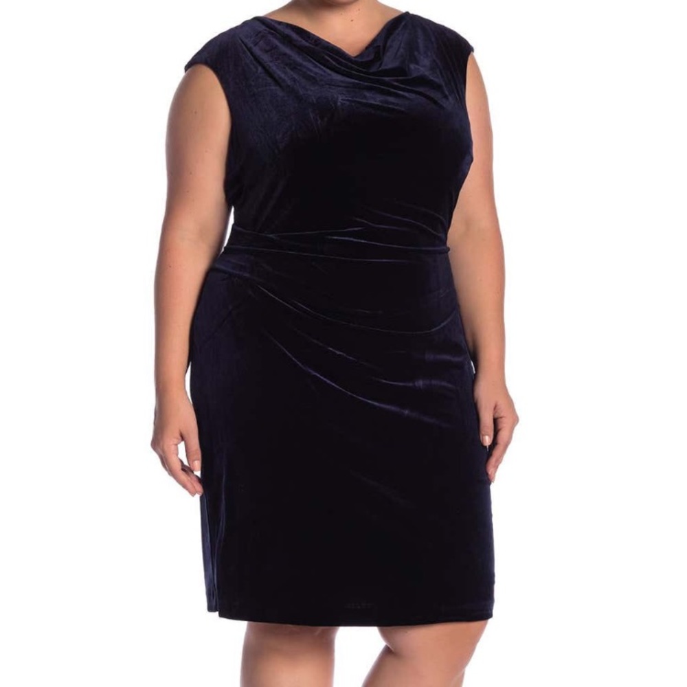 Vince Camuto Velvet Drape Neck Sheath Dress - Navy